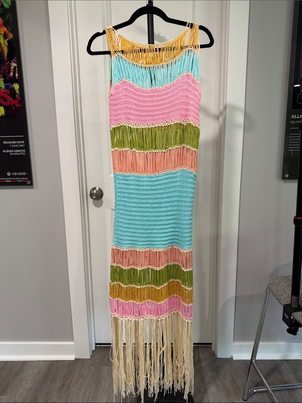 Multi-Color Crochet Fringe Maxi Dress- Pink, Aqua & Olive
